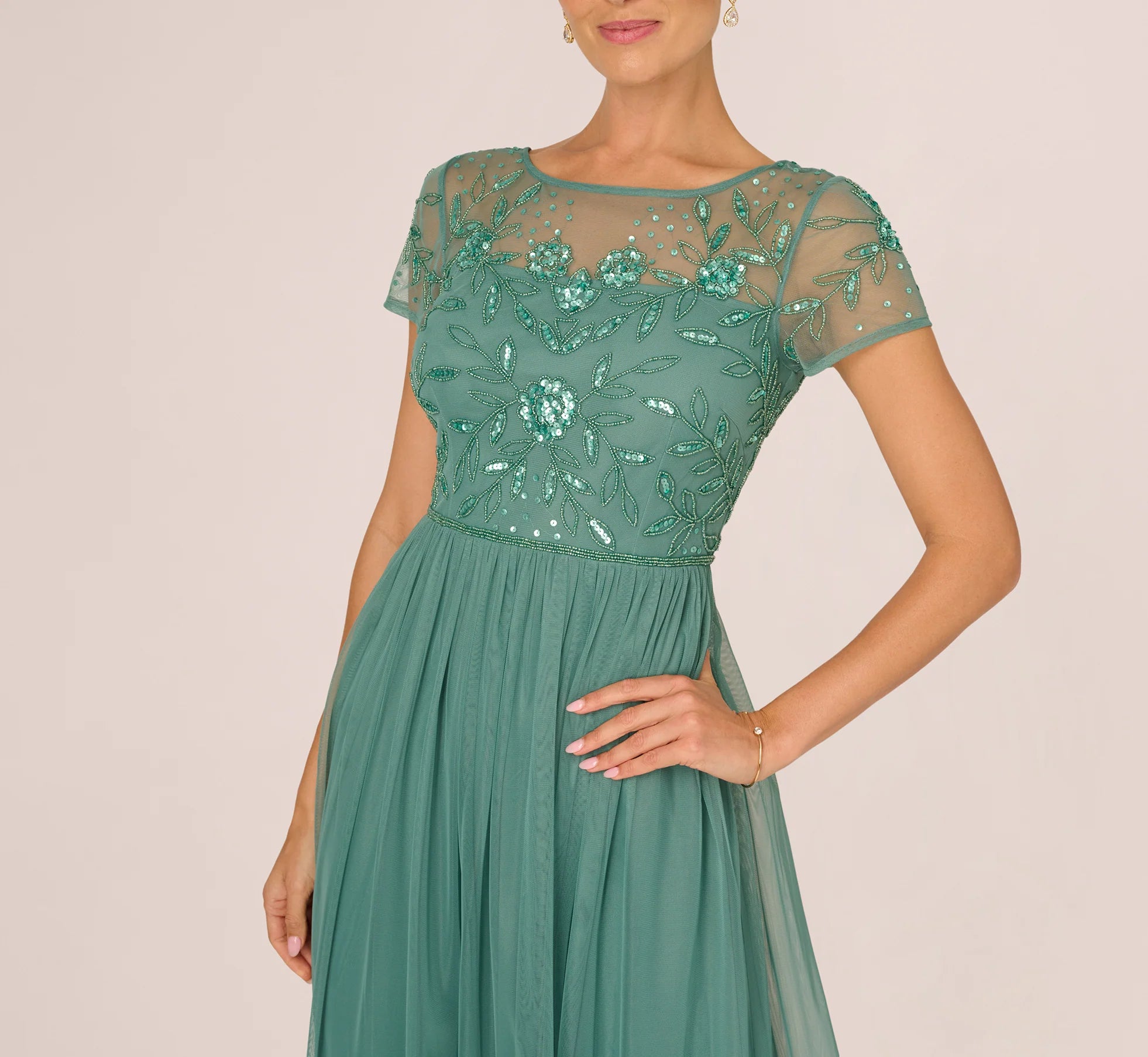 Short Sleeve A Line Beaded Illusion Dress In Green Slate