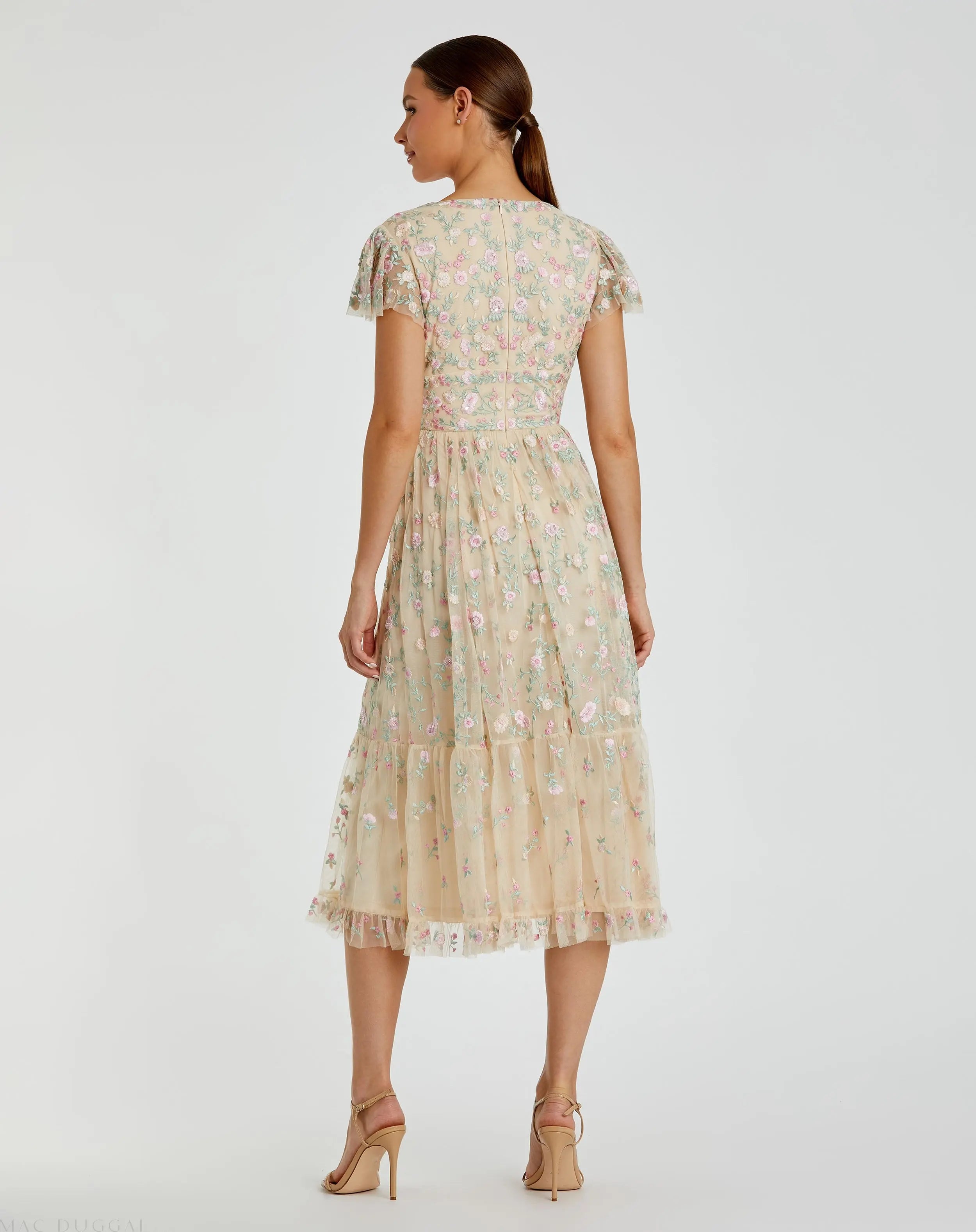 Beige Multicolor Embroidered V Neck Cap Sleeve Midi Dress - FINAL SALE