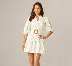 Cotton Floral Eyelet Belted Short Dress In Ivory Sage