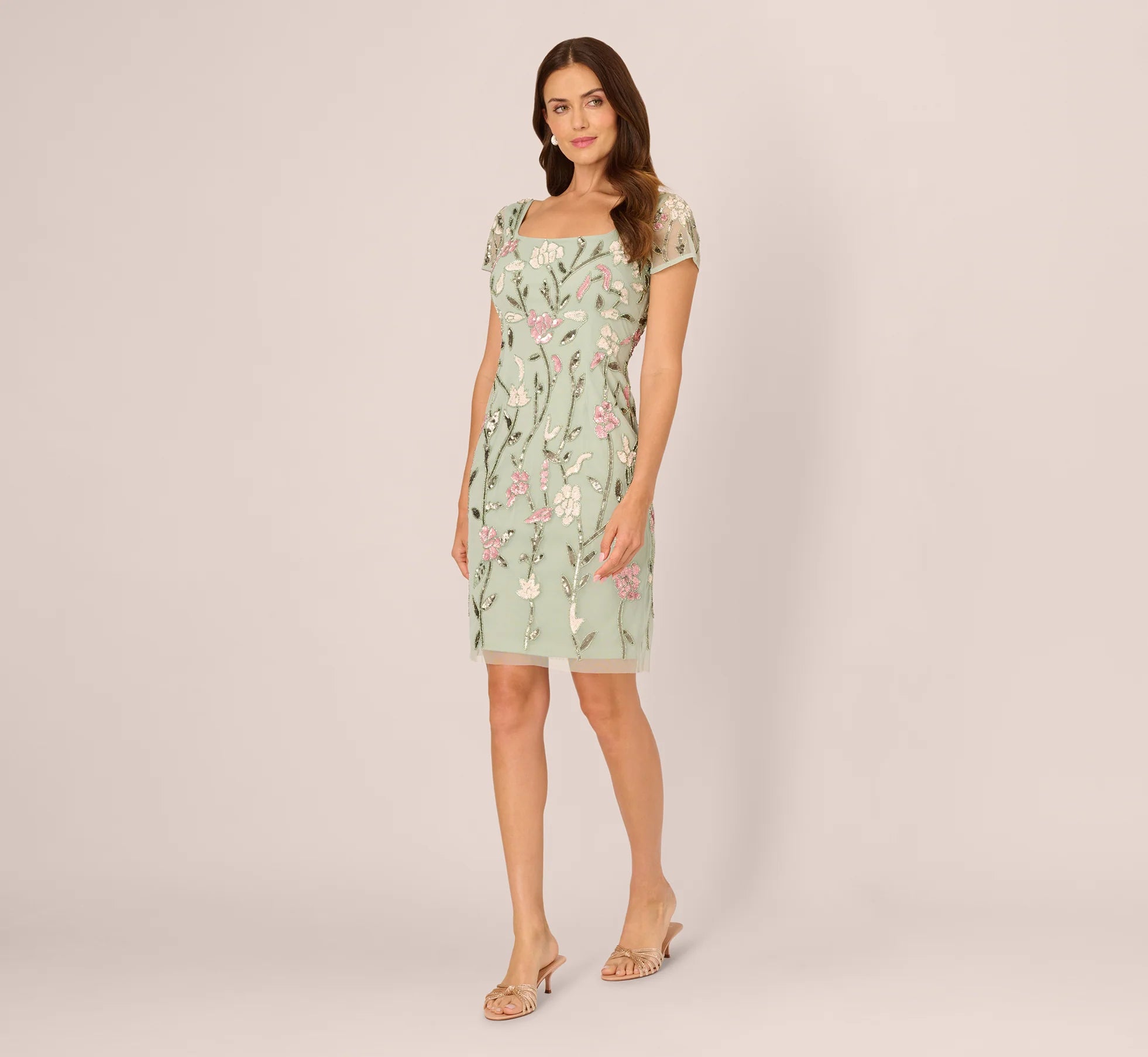 Short Sleeve Floral Beaded Square Neck Cocktail Dress In Icy Sage