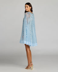 Blue Beaded Lace Cape Sleeve Mini Dress
