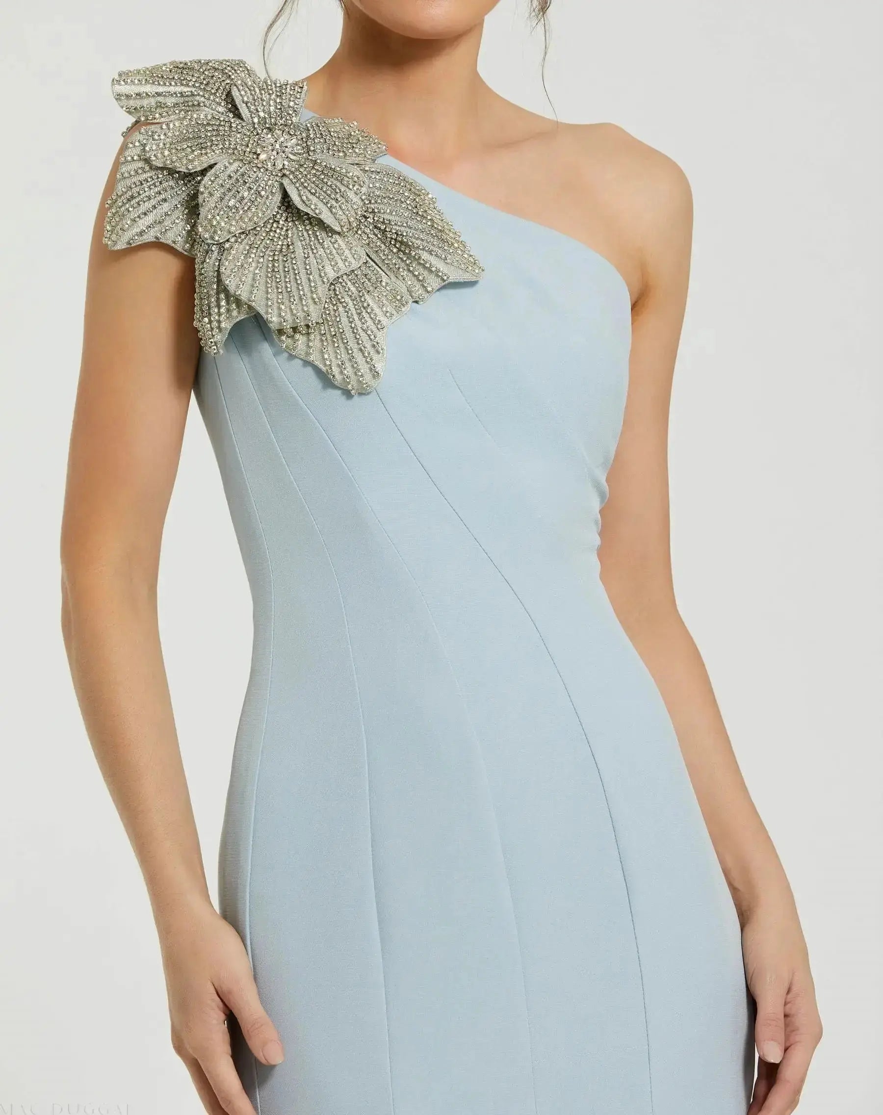 Petite Blue Crepe One Shoulder Mermaid Gown With Flower