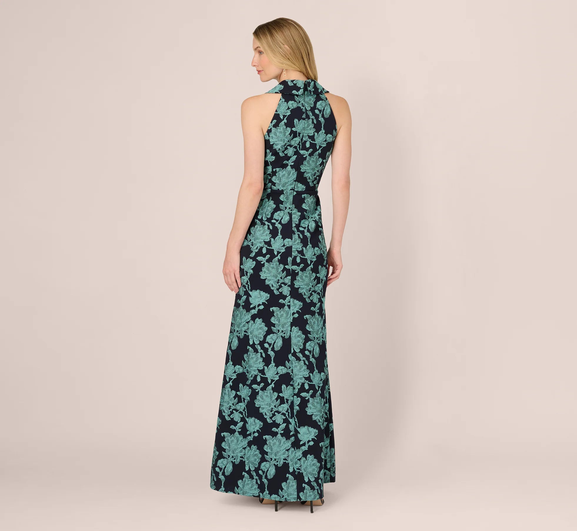 Floral Jacquard Shawl Collar Gown In Navy Multi