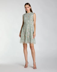 Green Sleeveless High Neck Embroidered Mini Dress