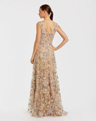 Beige Floral Embroidered Sleeveless V Neck Gown