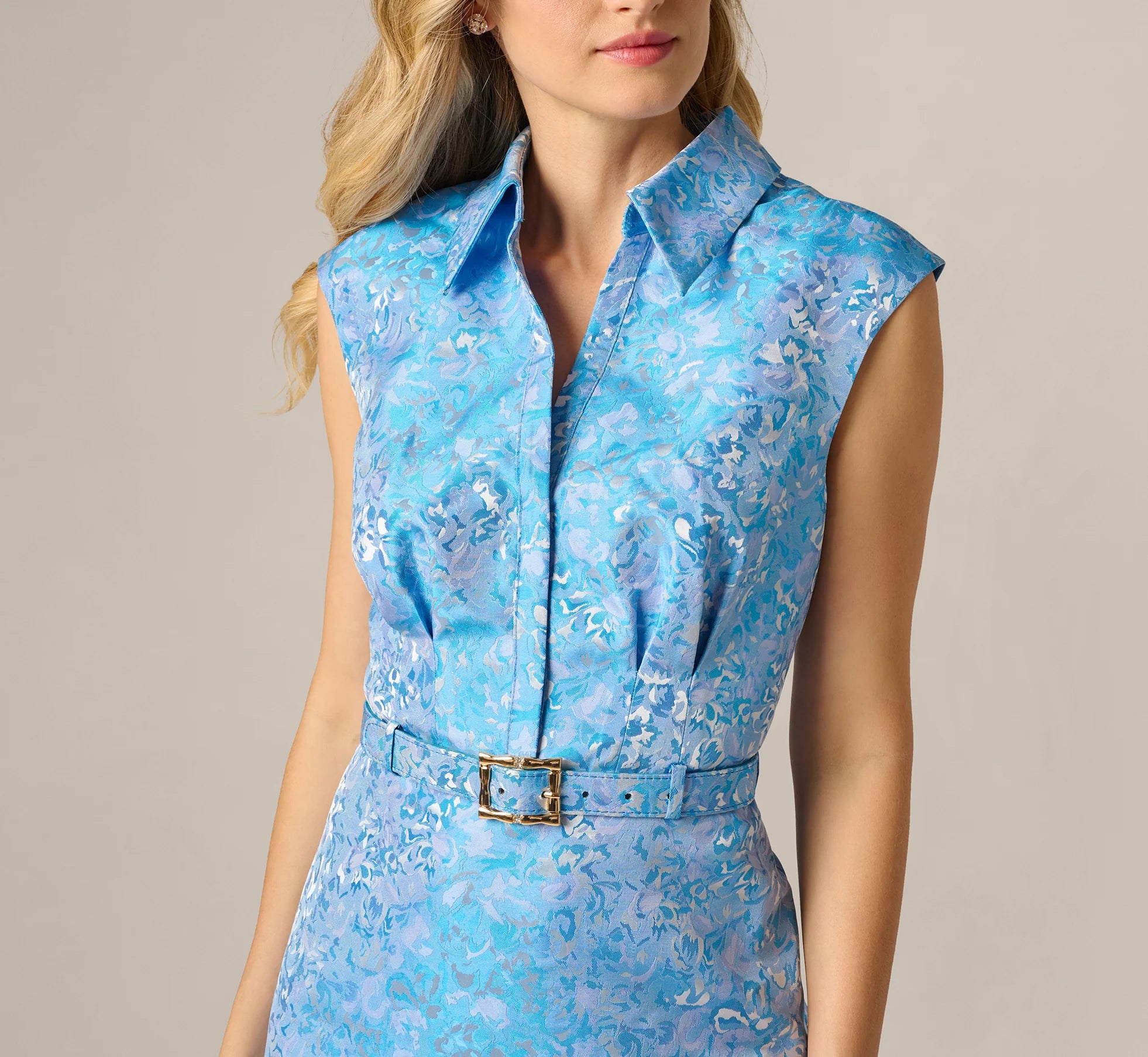 Floral Jacquard Collared Sheath Dress In Blue Multi