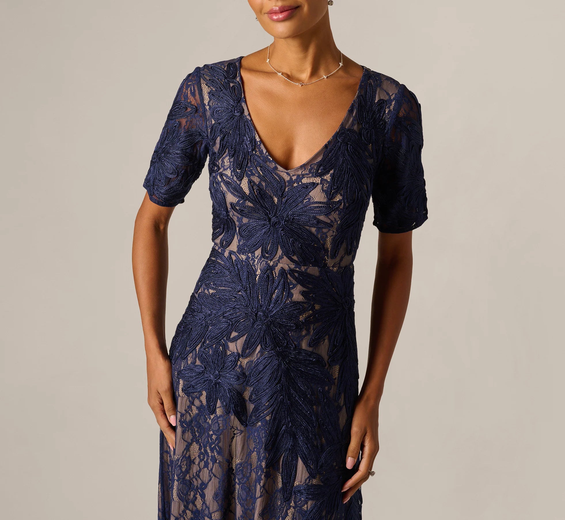Short Sleeve Lace Soutache Embroidery Gown In Navy Nude