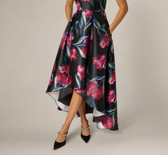 Floral Print Mikado High Low Gown In Black Multi