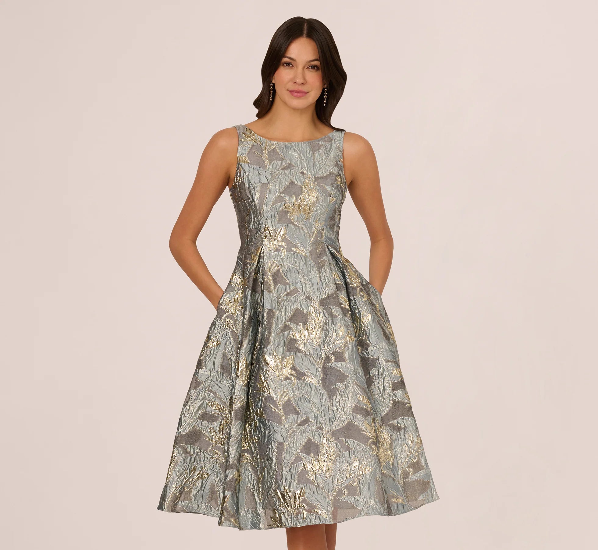 Tea Length Jacquard Dress With Sleeveless Bodic In Slate