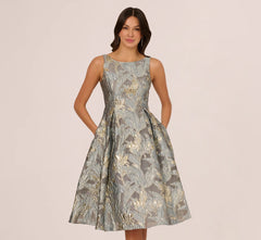Tea Length Jacquard Dress With Sleeveless Bodic In Slate