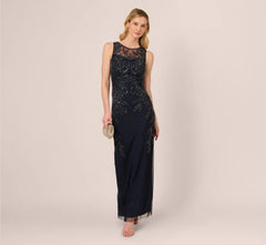 Adrianna Papell Hand-Beaded Sleeveless Slim Column Gown In Midnight