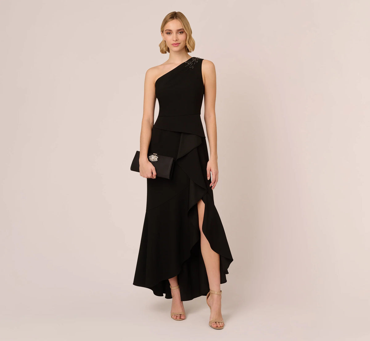 One Shoulder Ruffled Crepe Gown With Beaded Accent In Black