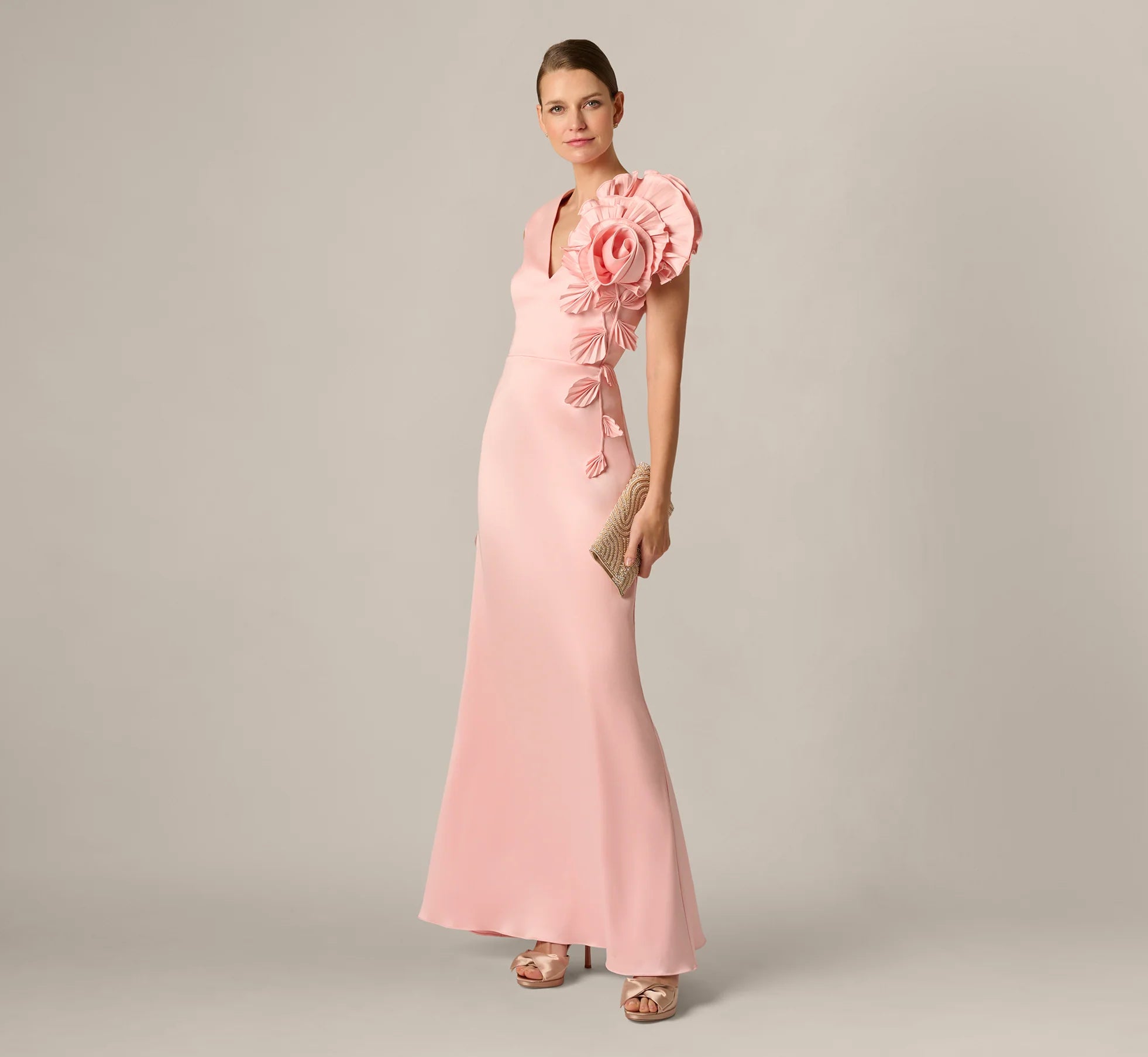 Stretch Mikado Rosette Shoulder Gown In Pink Cloud