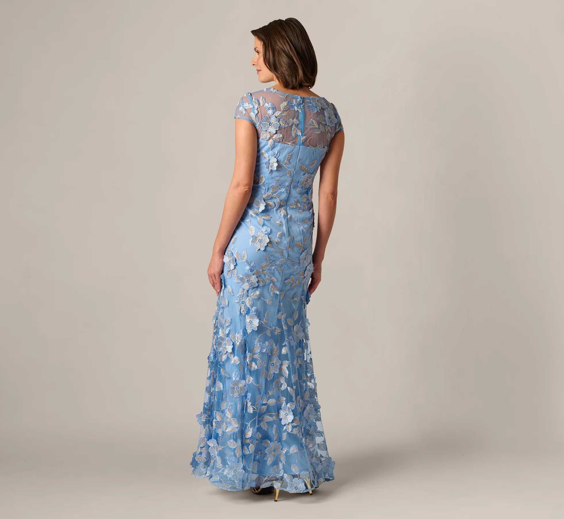 Cap Sleeve Floral Embroidered Illusion Godet Gown In Light Blue Gold