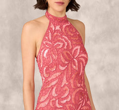 Beaded Halter Midi Sheath Dress In Summer Rose