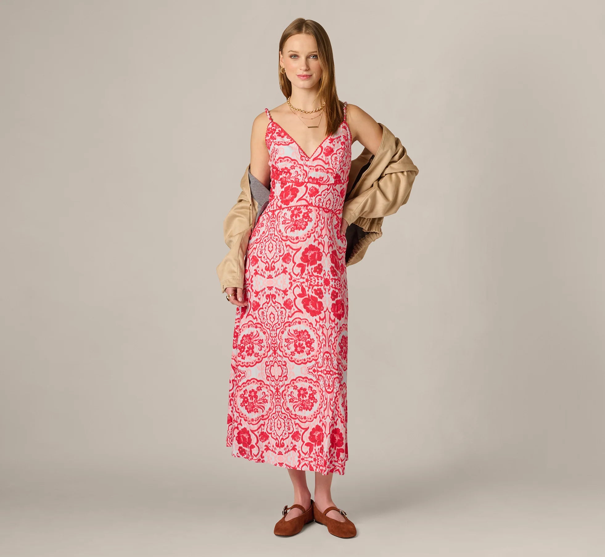 Crochet Trim Ikat Print Midi Sundress In Red Blue