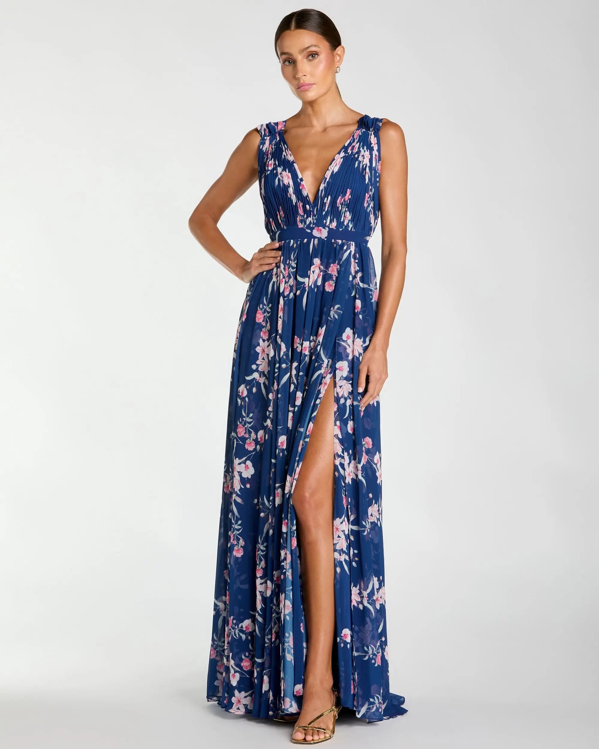 Sleeveless Pleated Chiffon V-Neck Gown