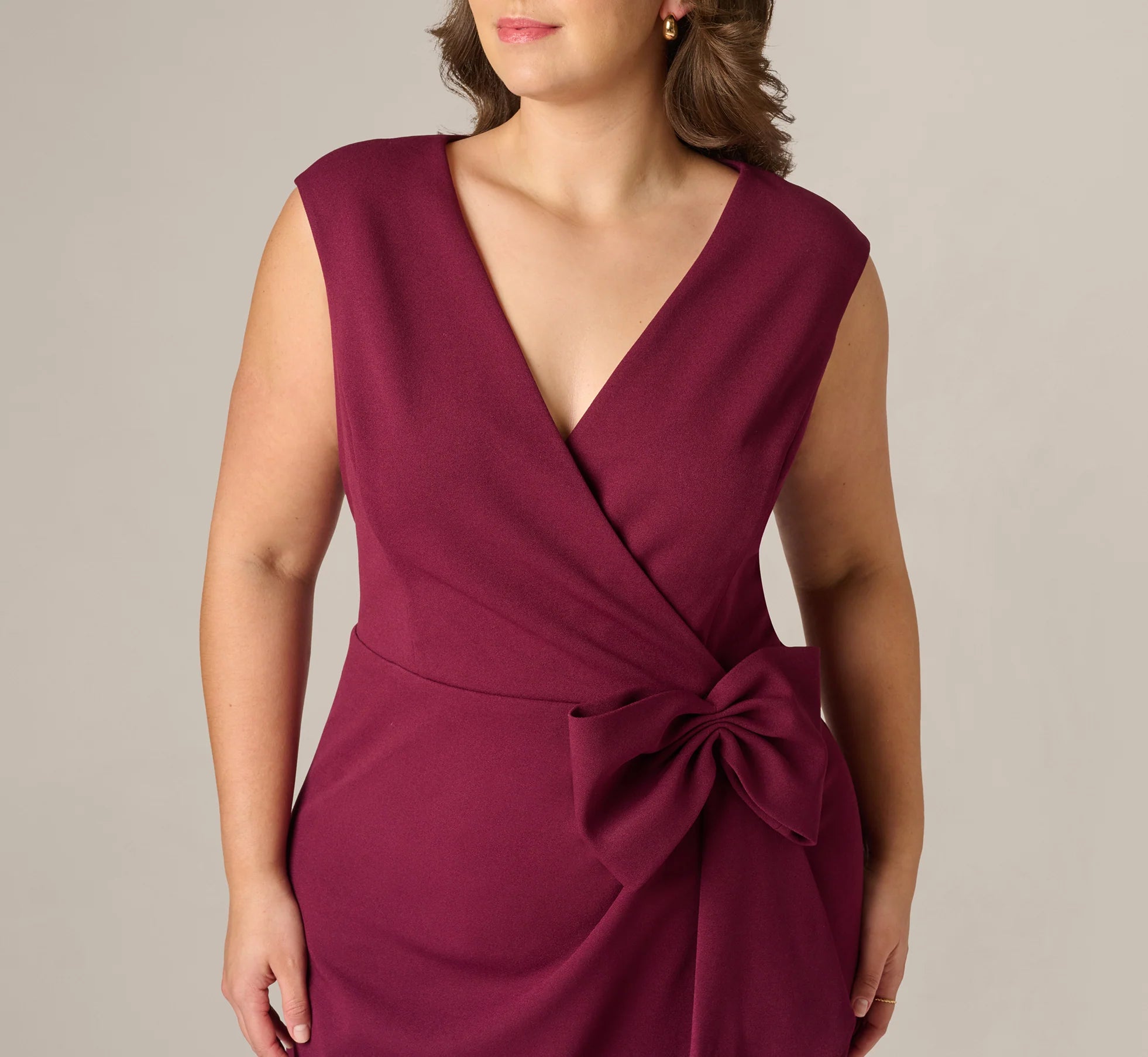 Plus Size Bow Accent Stretch Wrap Dress In Cabernet