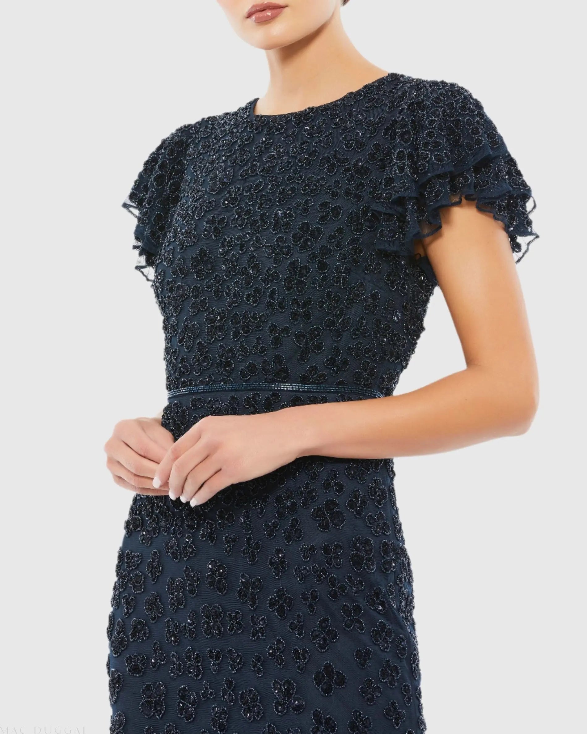 Navy Hand Beaded Flounce Sleeve Midi Dress