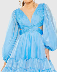 Blue Chiffon Cut Out Long Sleeve Mini Dress