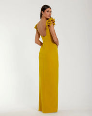 Yellow Square Neck Column Gown With Ruffle Detail