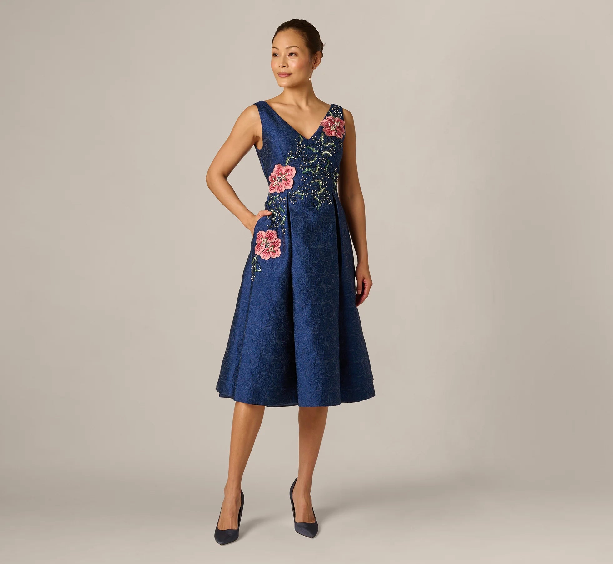 Jacquard Floral Beaded Fit And Flare Midi Dress In Midnight Multi