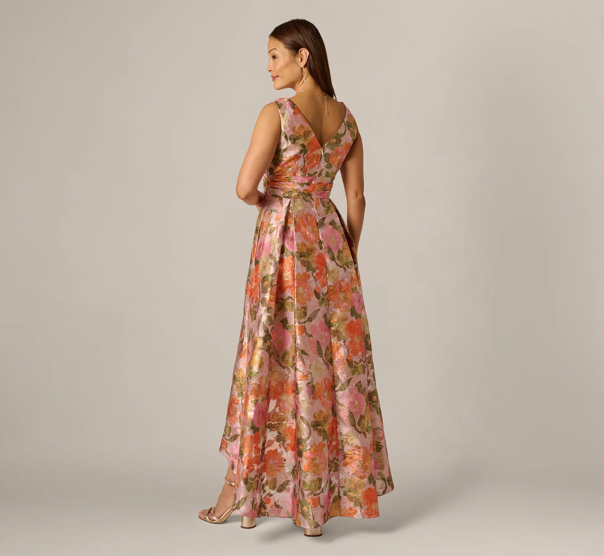 Metallic Floral Jacquard High Low Gown In Yellow Orange Multi