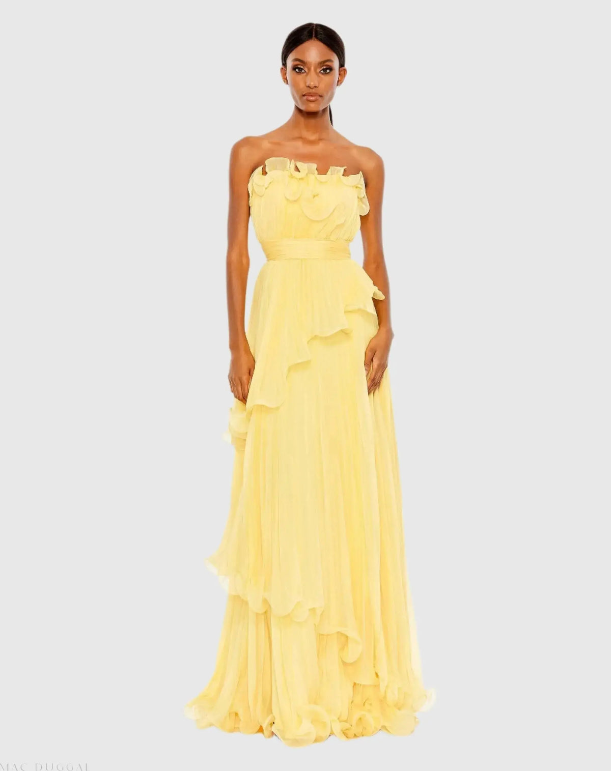 Yellow Pleated Tiered Ruffled Strapless Gown