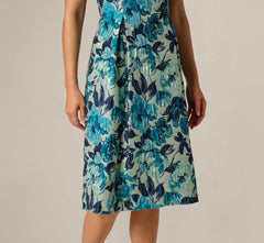 Metallic Floral Jacquard Boat Neck Fit And Flare In Blue Multi