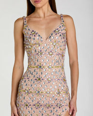 Beige Embellished V Neck Column Gown With Slit
