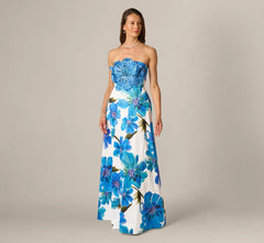 Strapless 3D Floral Beaded Dupioni Gown In Ivory Blue Multi