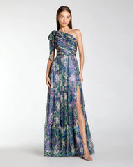 One Shoulder Floral Printed Chiffon Side Cut Out Gown