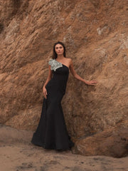 Petite Black Crepe One Shoulder Mermaid Gown With Flower
