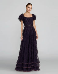 Navy Tiered Ruffle Puff Sleeve Gown
