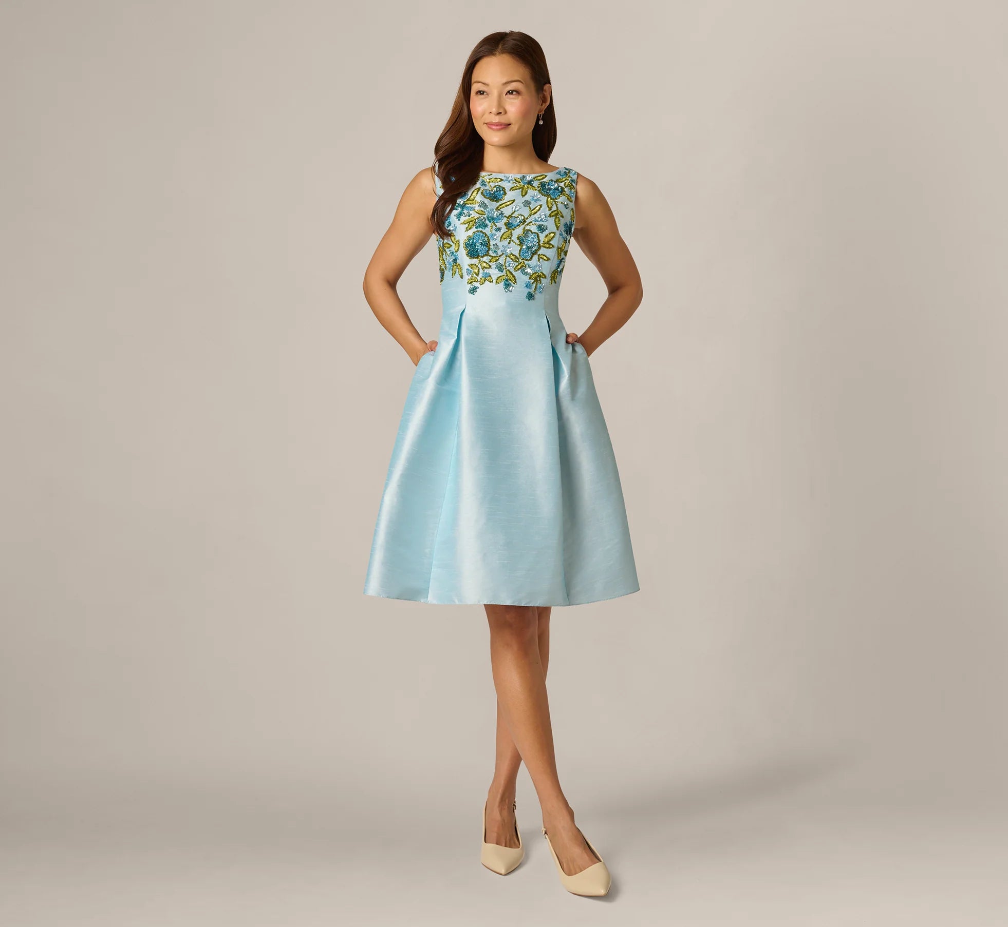 Floral Beaded Shantung Fit And Flare Dress In Sky Multi