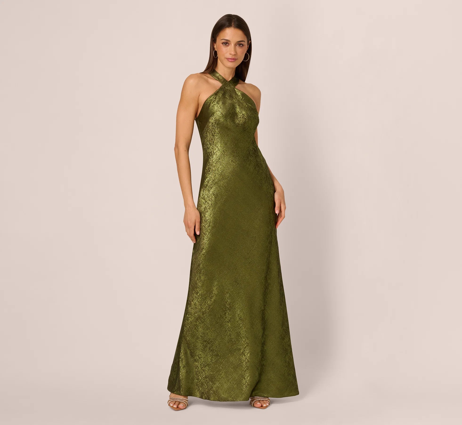 Foiled Mermaid Gown With Halter Neckline In Dark Olive