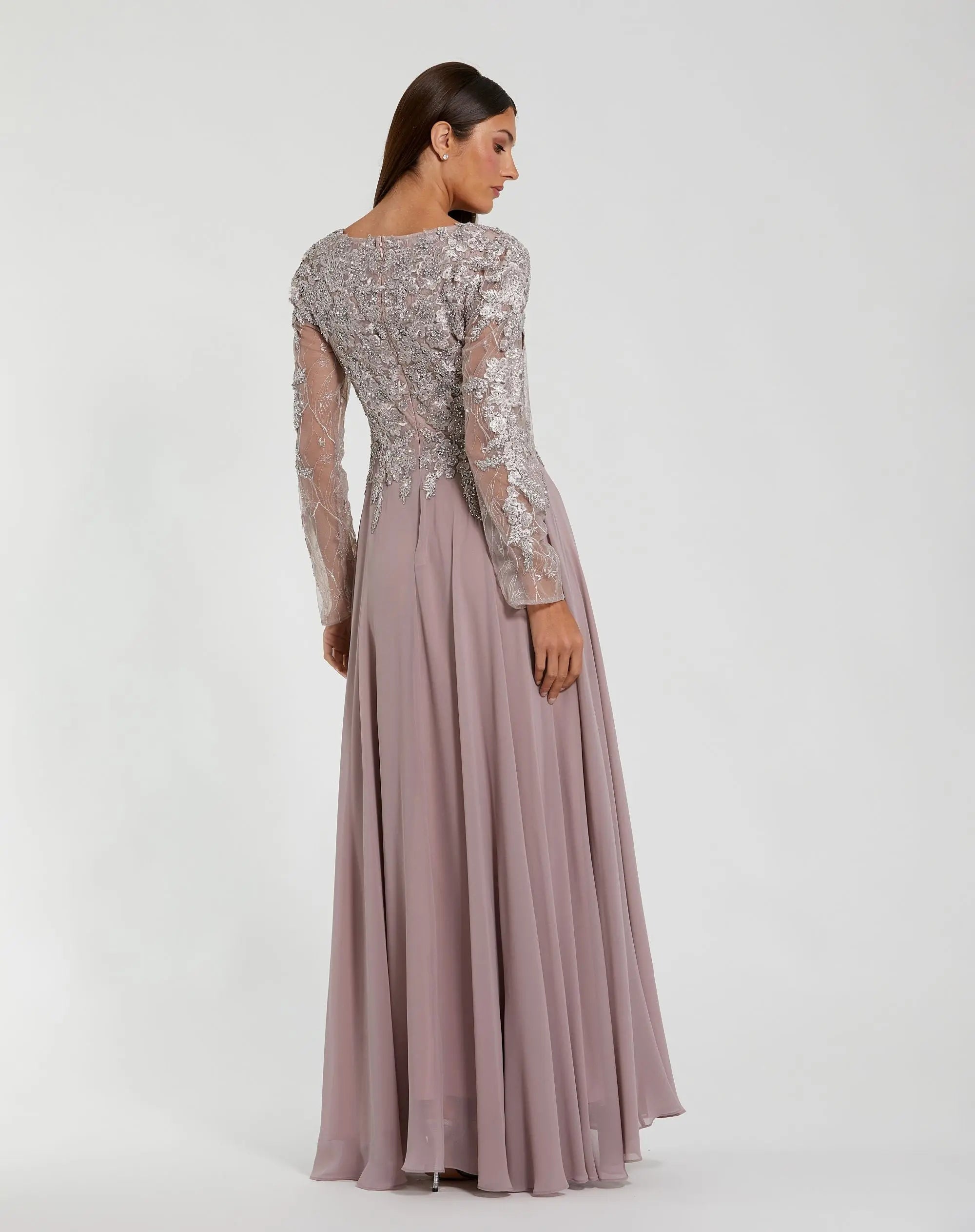 Purple Embellished Illusion V Neck Long Sleeve Gown