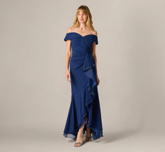 Off Shoulder Stretch Crepe Draped Gown In Navy Sateen
