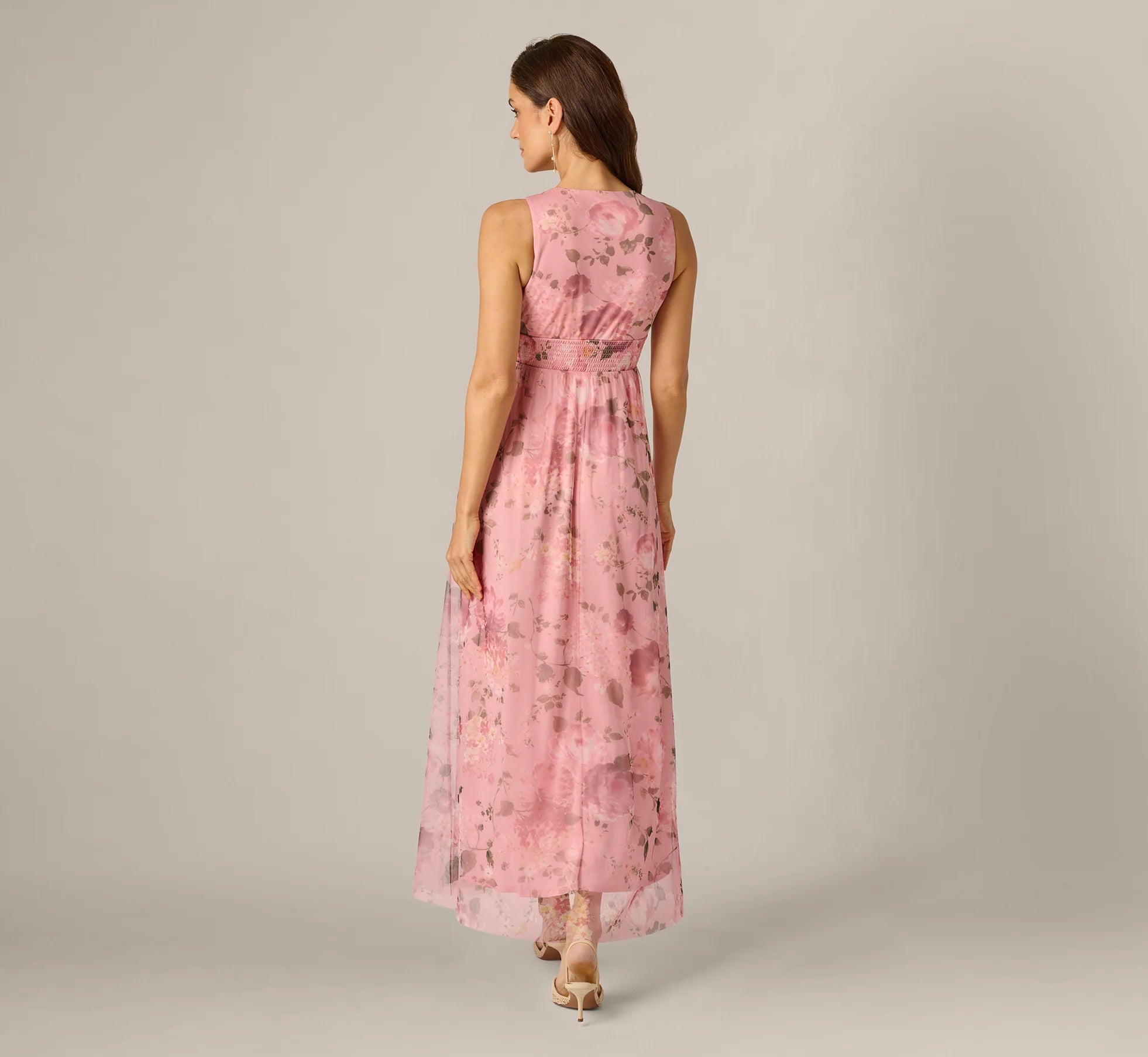 Floral Print Mesh Smocked Maxi Dress In Blush Multi