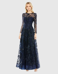 Embroidered Illusion High Neck A Line Dress