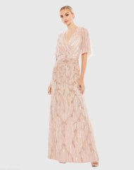Embellished Cap Sleeve Faux Wrap Trumpet Gown