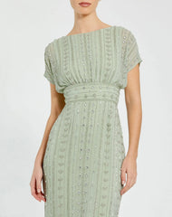 Green Beaded Cap Sleeve Empire Waist Sheath Midi Dress