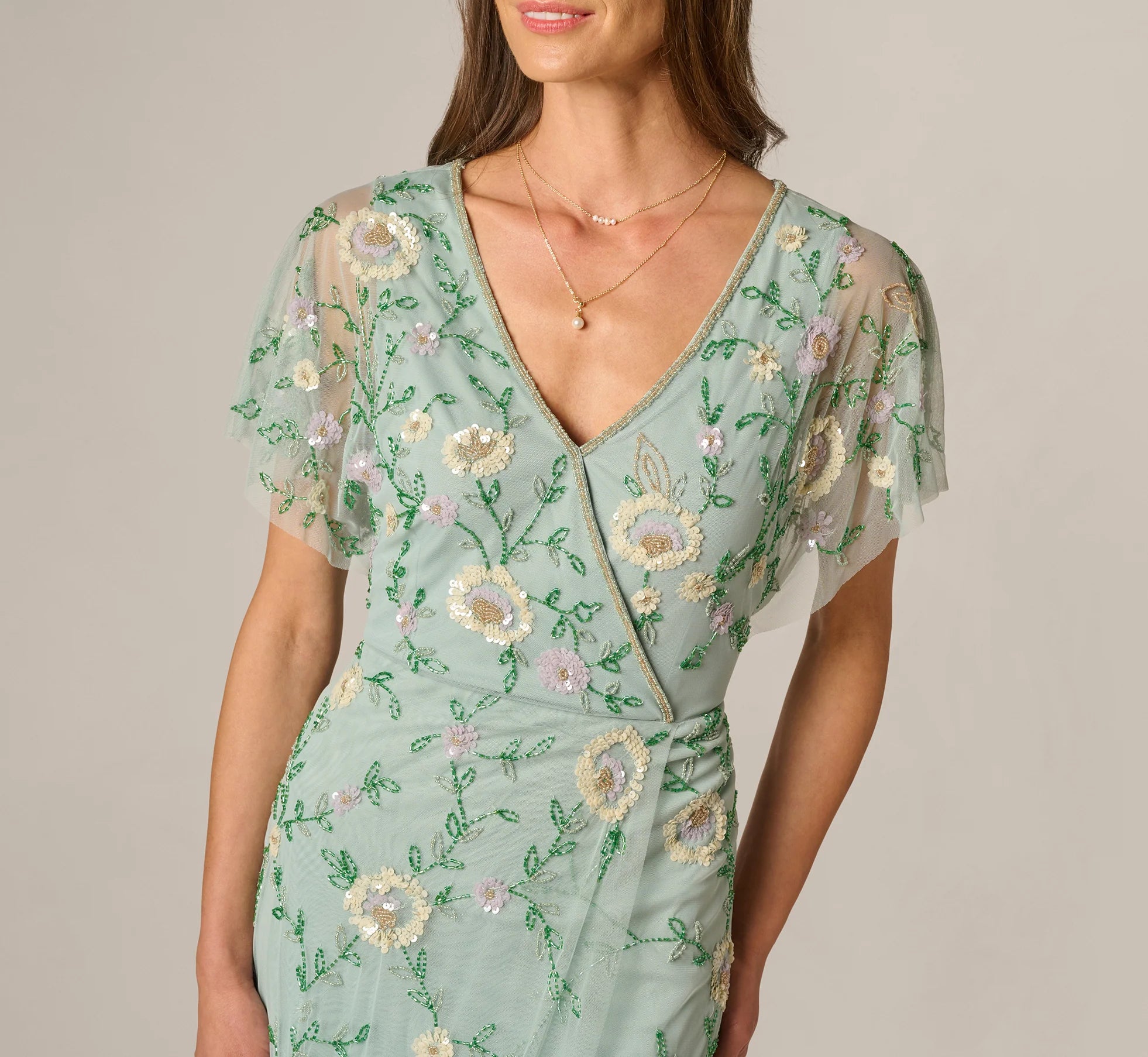 Flutter Sleeve Beaded Wrap Dress In Aqua Dust
