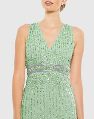 Green Sequined Sleeveless V-Neck Midi Sheath Dress