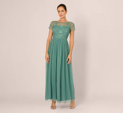 Short Sleeve A Line Beaded Illusion Dress In Green Slate