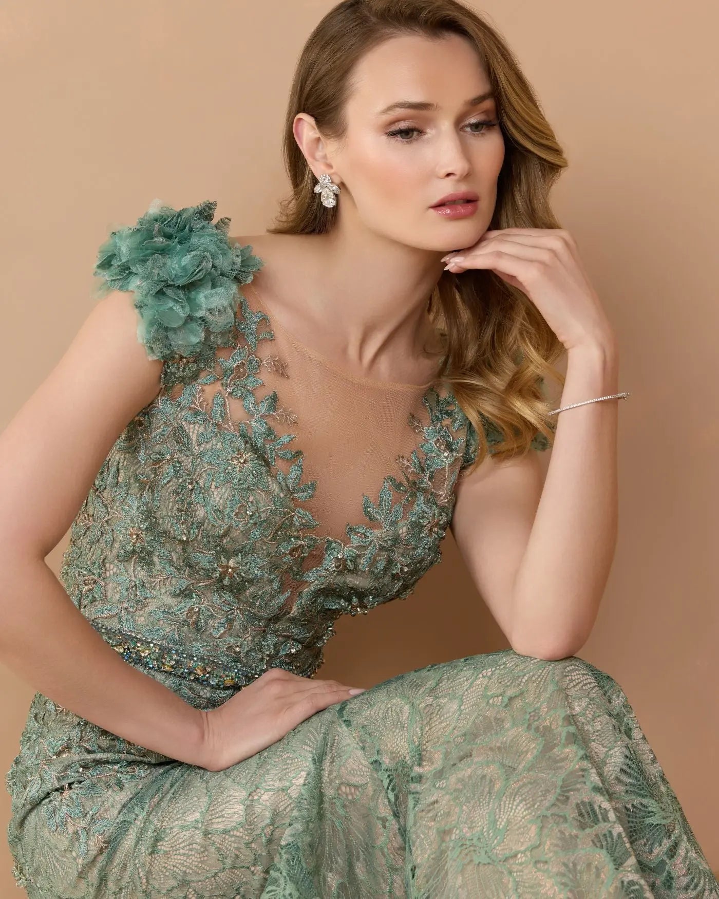 Embroidered Illusion Appliqued Bodice Trumpet Gown
