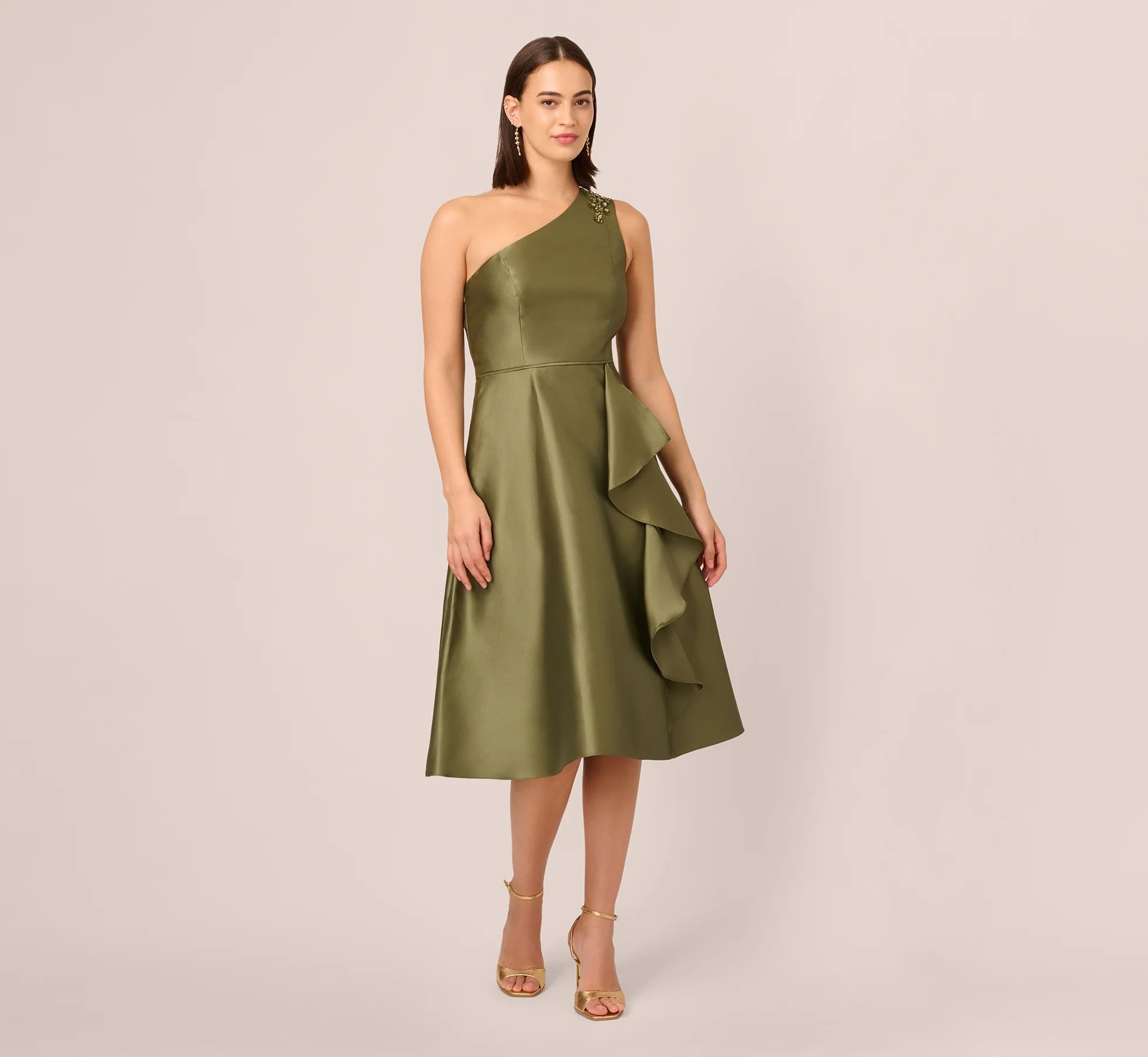 One Shoulder Beaded Detail Mikado Midi Dress In Jungle Olive