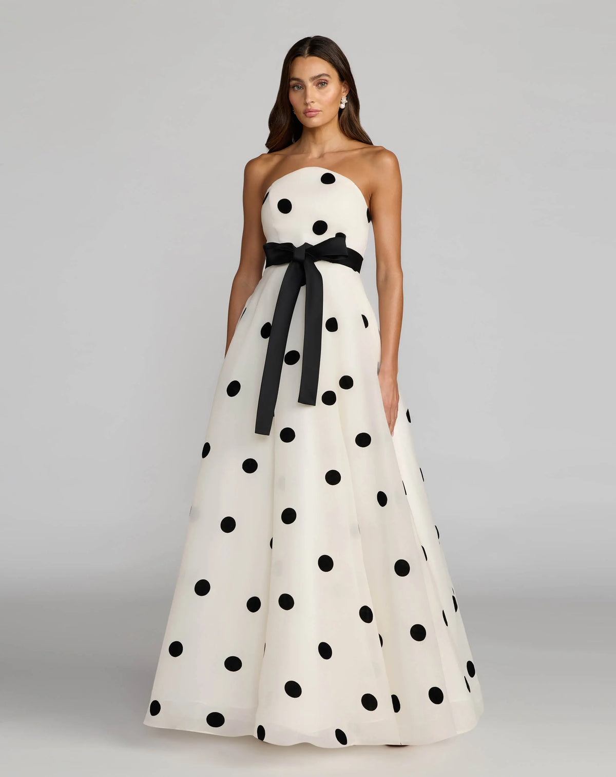 White Strapless Polka Dot Organza Gown With Satin Bow