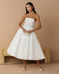 Embellished Lace Strapless A Line Midi Dress
