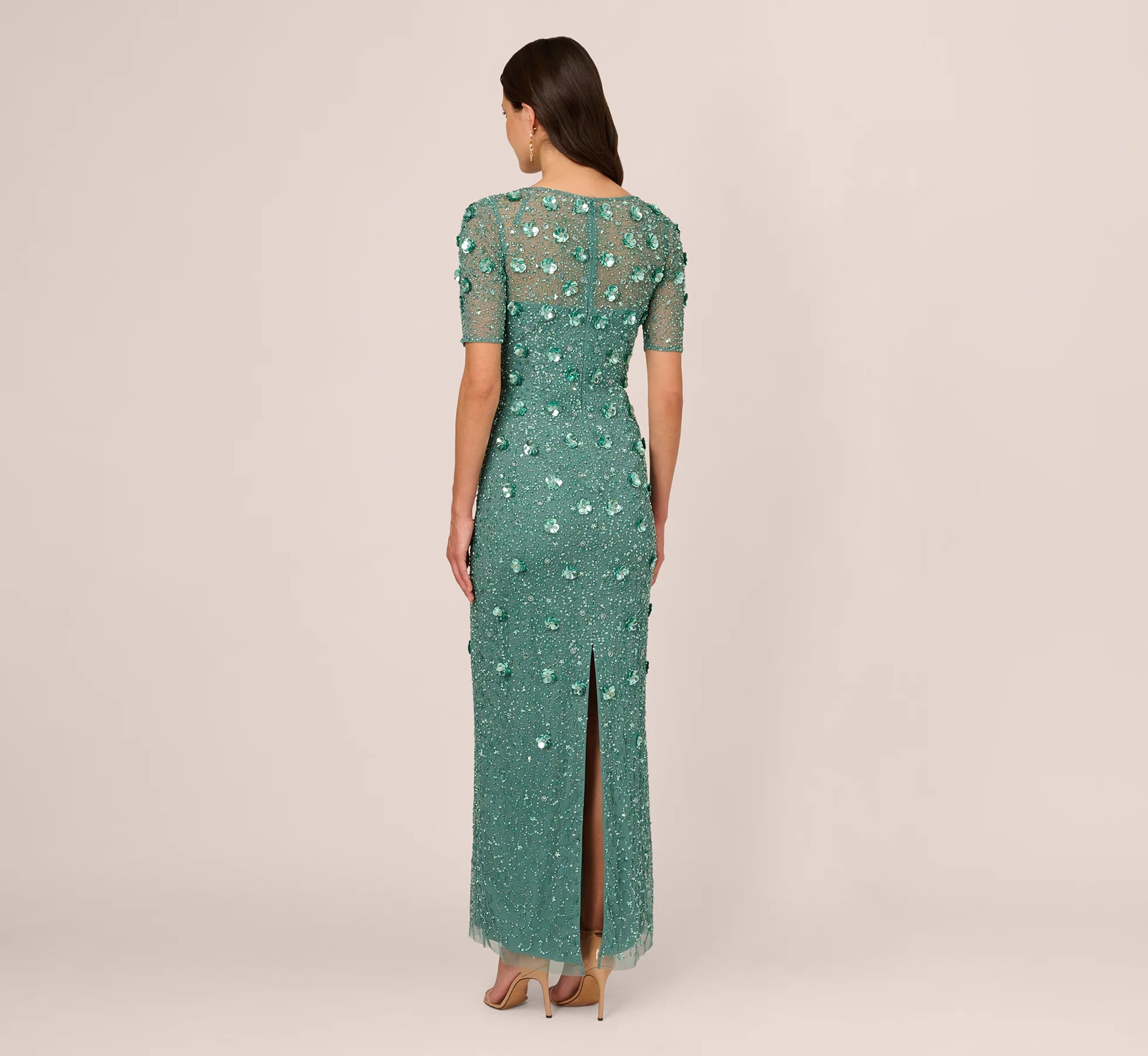 Long Hand Beaded 3D Floral Dress With Elbow Sleeves In Green Slate